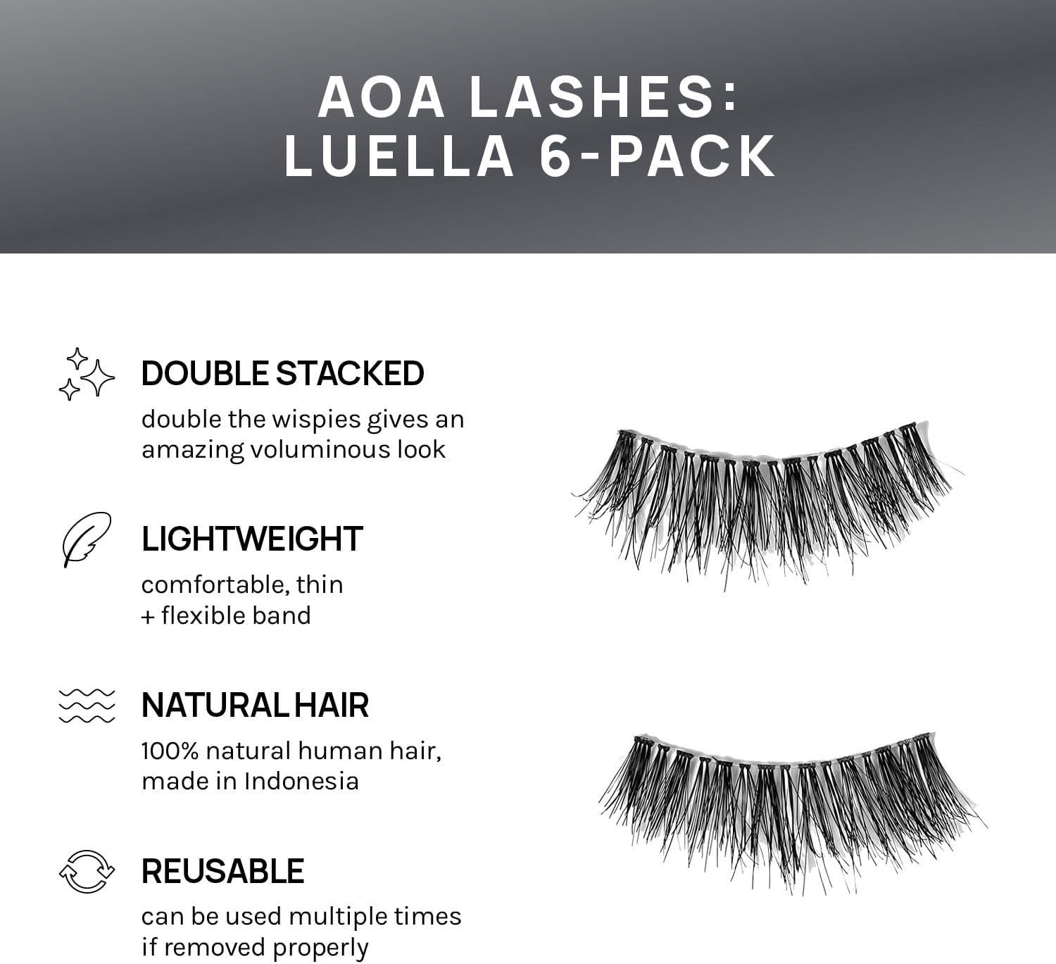 image:imageAOA Studio 6 Pairs Alexis Natural Handmade False Eyelashes with Glue and Tweezer Lash Kit Natural Volume Reusable Fake Eyelashes 100 Percent Handmade Cruelty FreeLuella