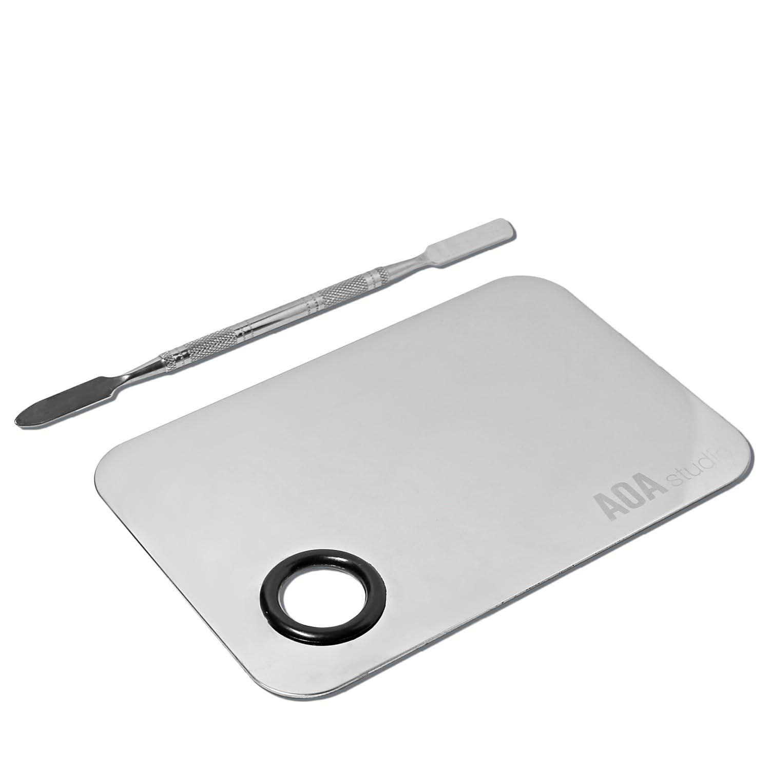 image:imageAOA Studio Stainless Steel Makeup Mixing Palette for Beauty Costmetic with Spatula Eye Lip Face Makeup 6 x 4 inch Silver