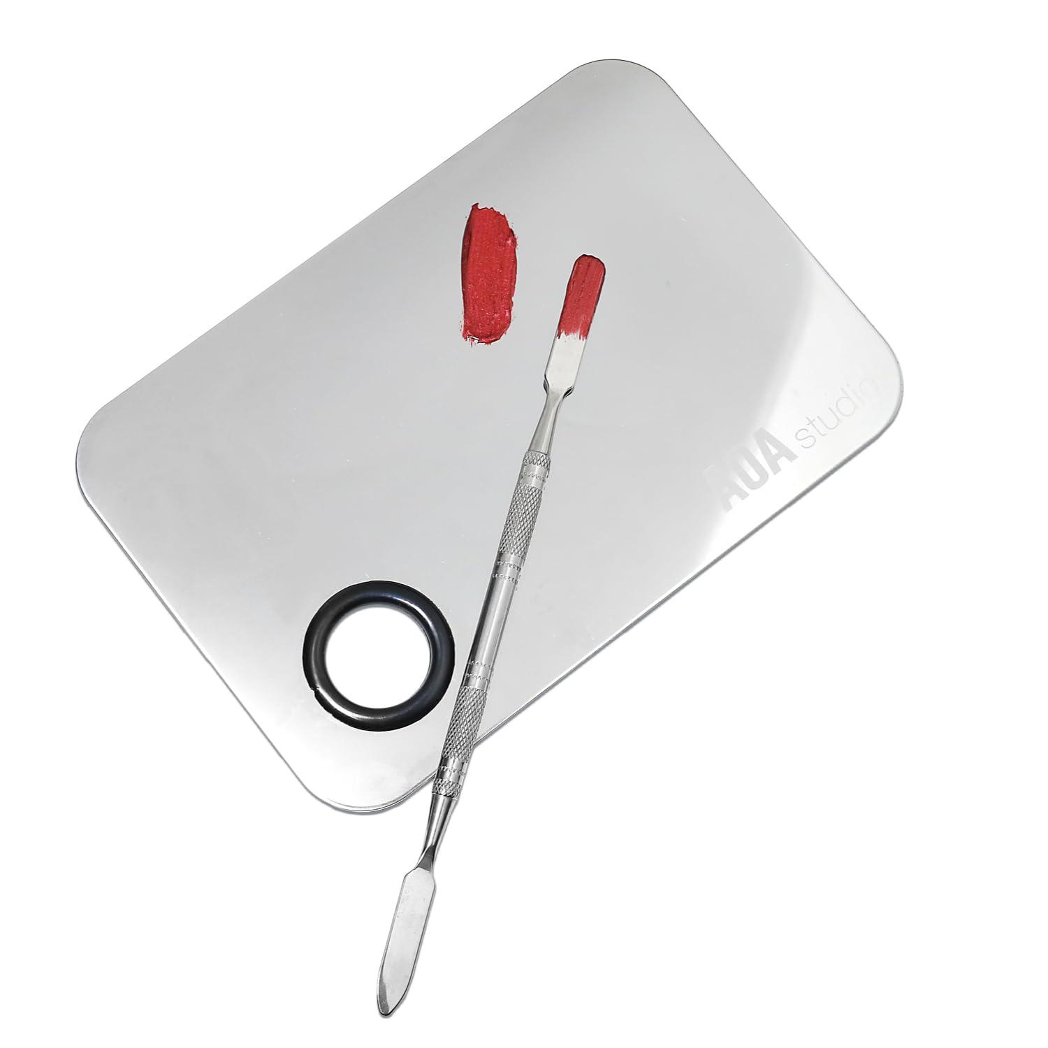 image:imageAOA Studio Stainless Steel Makeup Mixing Palette for Beauty Costmetic with Spatula Eye Lip Face Makeup 6 x 4 inch Silver
