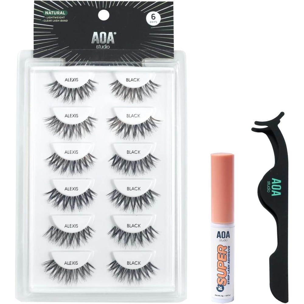 image:imageAOA Studio 6 Pairs Alexis Natural Handmade False Eyelashes with Glue and Tweezer Lash Kit Natural Volume Reusable Fake Eyelashes 100 Percent Handmade Cruelty FreeAlexis