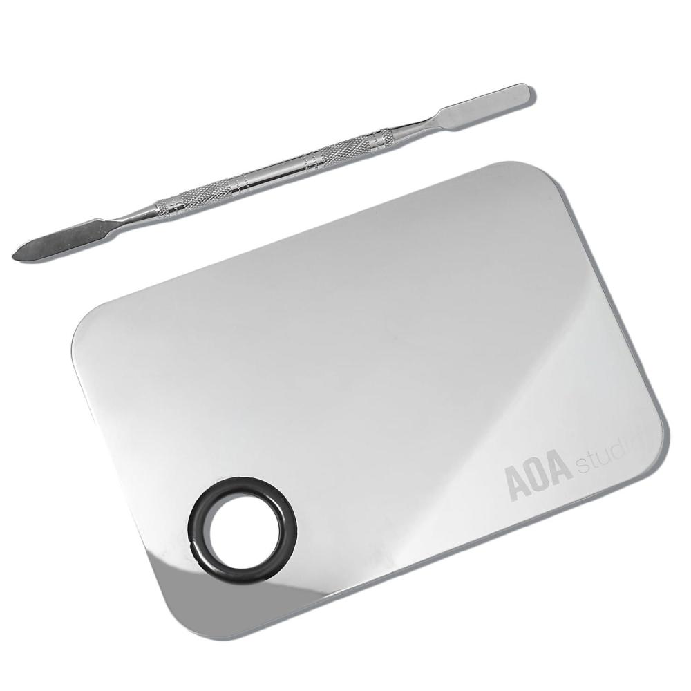 image:imageAOA Studio Stainless Steel Makeup Mixing Palette for Beauty Costmetic with Spatula Eye Lip Face Makeup 6 x 4 inch Silver