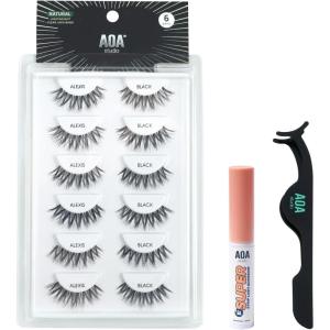 AOA Studio 6 Pairs Alexis Natural Handmade False Eyelashes with Glue and Tweezer Lash Kit Natural Volume Reusable Fake Eyelashes 100 Percent Handmade Cruelty Free(Alexis)